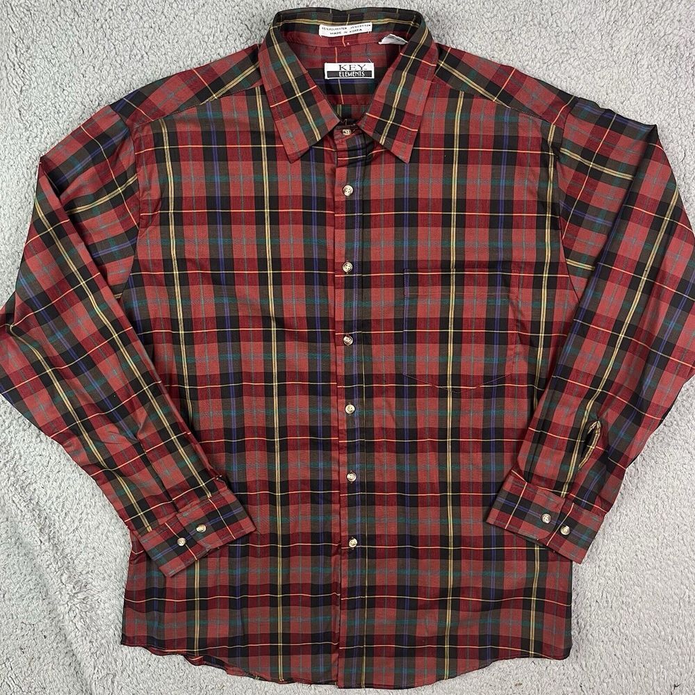 Vintage Key Elements‎ 90's Button Shirt Plaid Red Long Sleeve Sz Large NOS